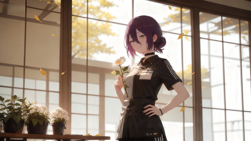 《链锯人》蕾塞 4K 电脑壁纸：咖啡厅店员、手持雏菊高清原图下载【4096x2304 PNG】