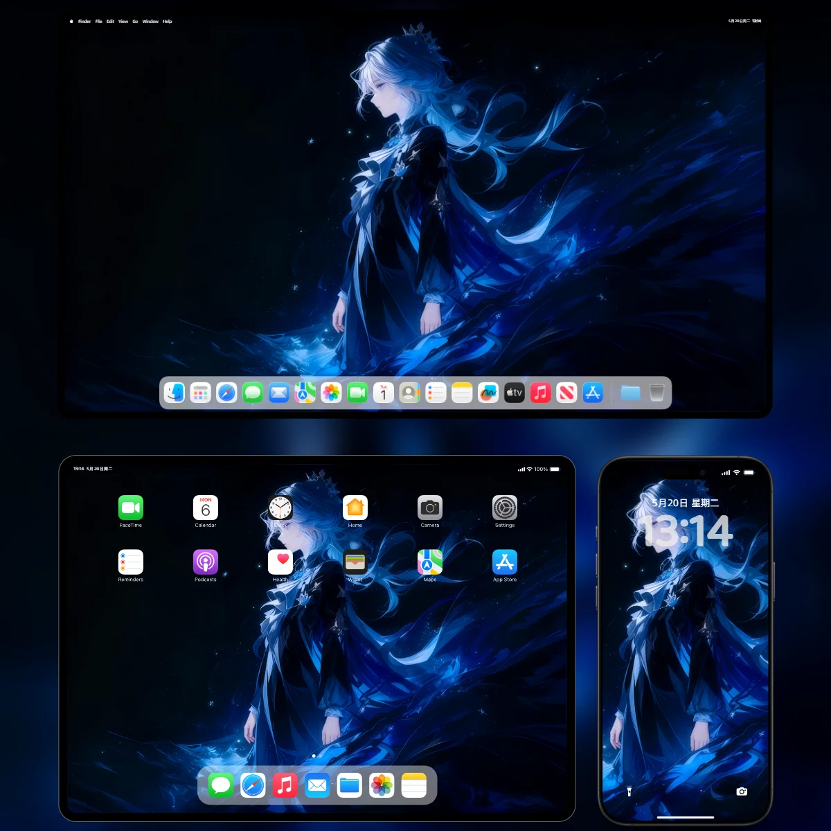 《原神》芙宁娜 4K 手机壁纸,穿着星空风格的梦幻蓝色长裙,背景是深邃夜空与星星光芒,高清分辨率 2078×4500