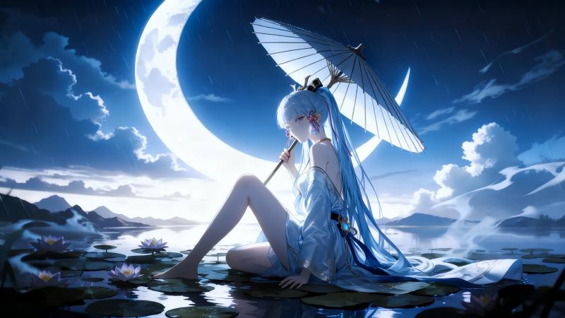 《原神》神里绫华 4K 电脑壁纸：月下撑伞、水边莲花高清原图下载【4096x2304 PNG】