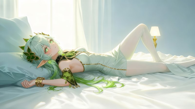 《原神》纳西妲 4K 电脑壁纸：清晨阳光、白纱睡姿高清原图下载【4096x2304 PNG】