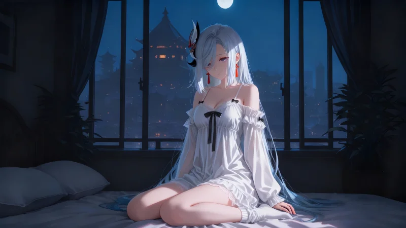 《原神》申鹤 4K 电脑壁纸：璃月月夜、白纱睡裙高清原图下载【4096x2304 PNG】
