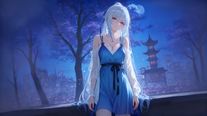 《崩坏：星穹铁道》镜流 4K 电脑壁纸：蓝裙夜景、古塔樱花高清原图下载【4096x2304 PNG】