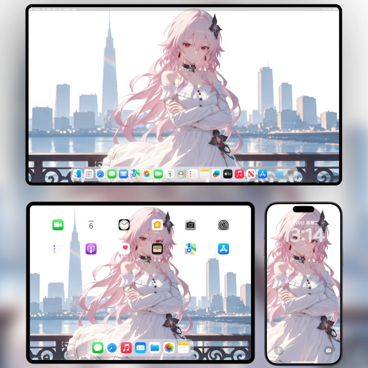 《崩坏:星穹铁道》三月七 4K AI 绘画电脑壁纸 白裙 都市天际线 晨光