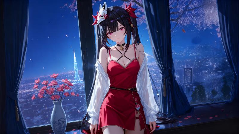 AI 绘画《崩坏：星穹铁道》花火 4K 电脑壁纸：红裙夜景、狐狸面具高清原图下载【4096x2304 PNG】