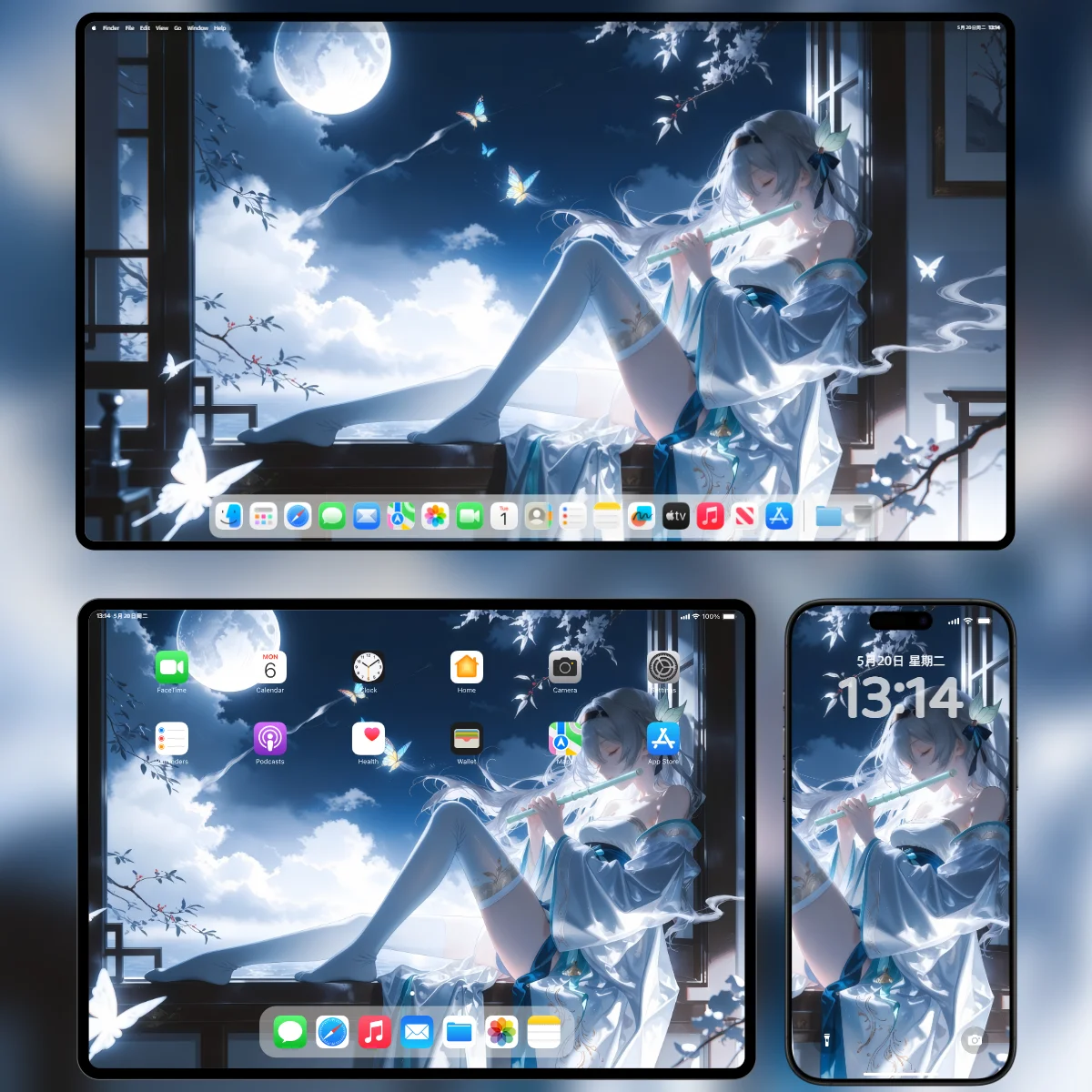 《崩坏:星穹铁道》流萤侧坐古窗吹笛,银白长发与月色交相辉映,白花与幽蓝蝶舞环绕,4K 高清电脑壁纸(4096×2304)