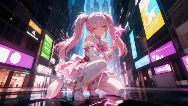 魔法少女 4K 动漫电脑壁纸：粉色双马尾、都市夜景高清原图下载【4096x2304 PNG】