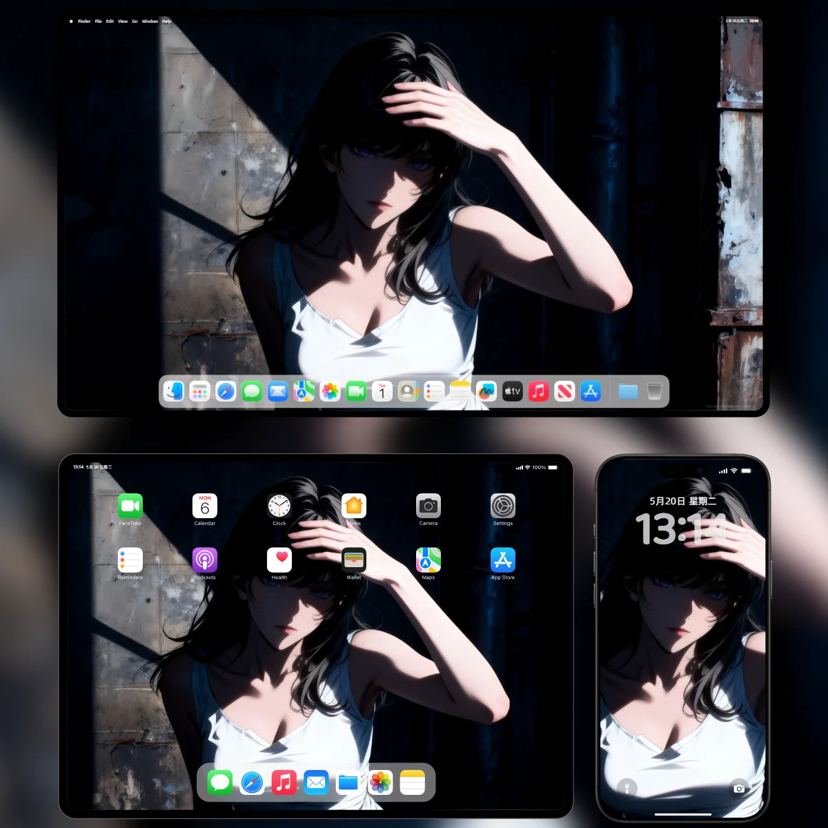 樱岛麻衣侧身坐在废墟窗台,白色吊带背心与乌黑长发在戏剧光影中对比分明,斜射光束映照出她清冷坚毅的气质,4K 高清电脑壁纸(4096×2304)