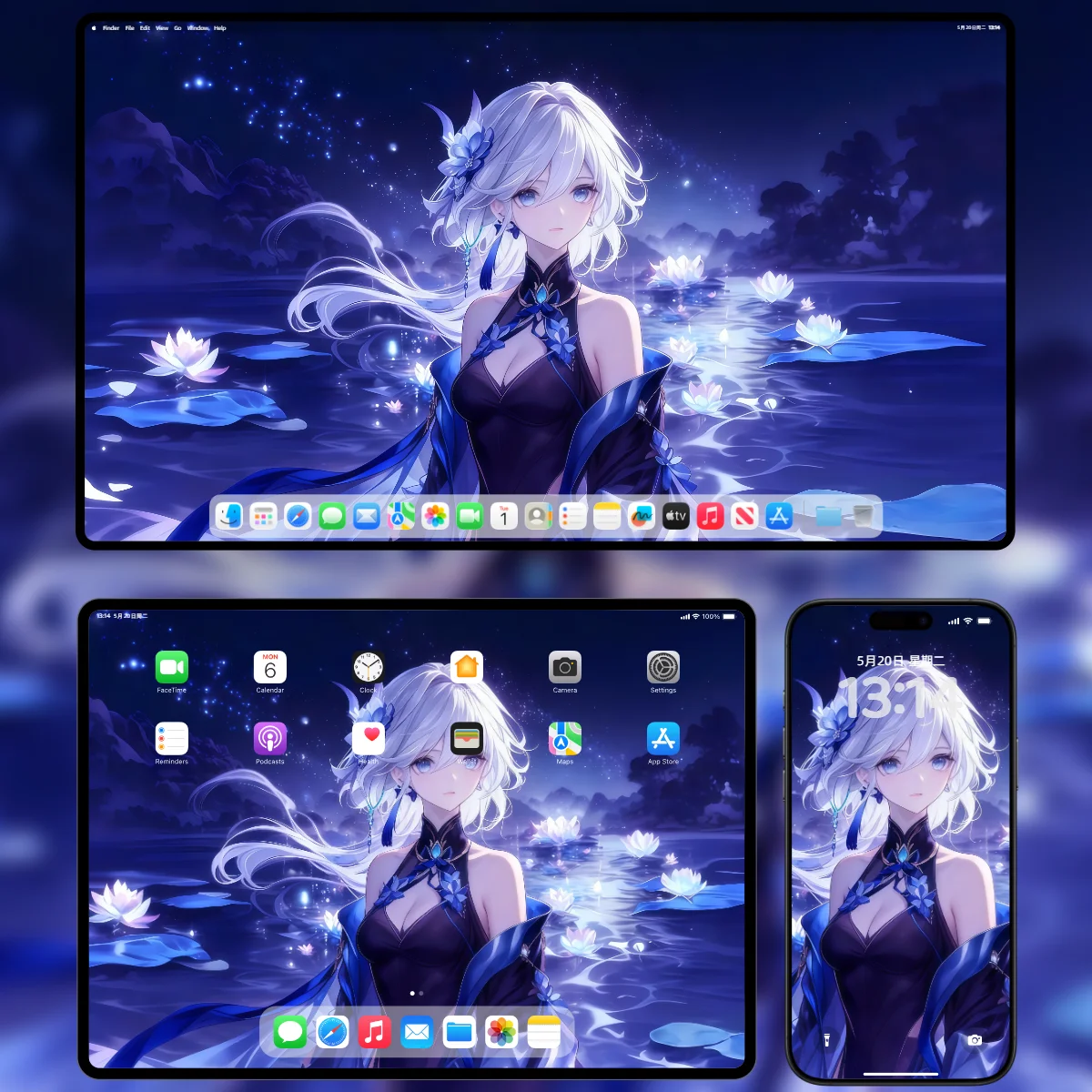 银发动漫少女站在湖面上,身穿深蓝与黑色露肩礼服,背景是梦幻夜景和莲花光芒,4K 高清手机壁纸(2078×4500)