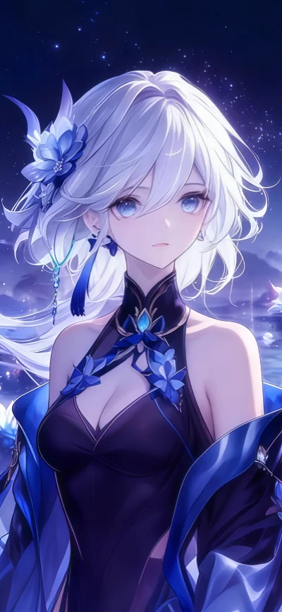 银发动漫少女 · 露肩礼服湖面夜景 4K 手机壁纸(2078×4500)