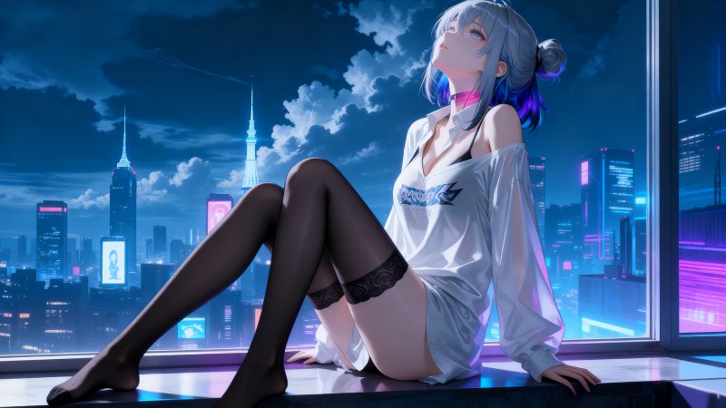 《鸣潮》嘉贝莉娜 4K 电脑壁纸：窗边夜景、黑丝睡衣高清原图下载【4096x2304 PNG】