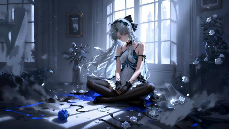 《鸣潮》珂莱塔 8K 电脑壁纸：哥特玫瑰、幽蓝废墟高清原图下载【7680x4320 PNG】