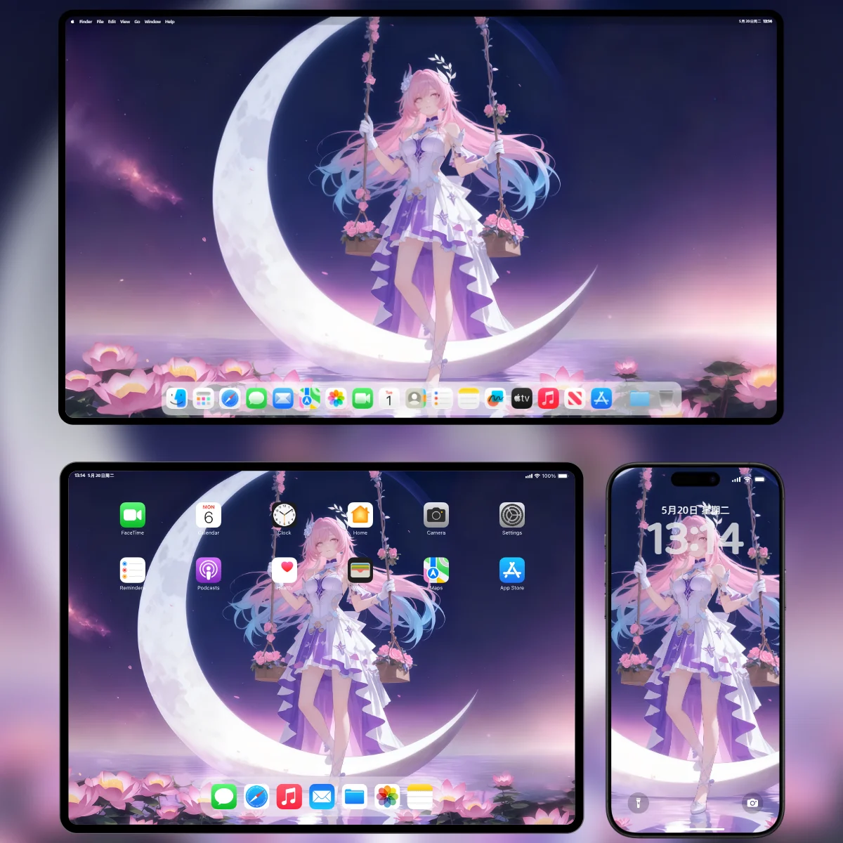 《崩坏:星穹铁道》昔涟紫色仙子风格壁纸,穿着白紫色长裙,手持花篮,站在水面上,梦幻夜空背景,4K 高清手机壁纸(2078×4500)