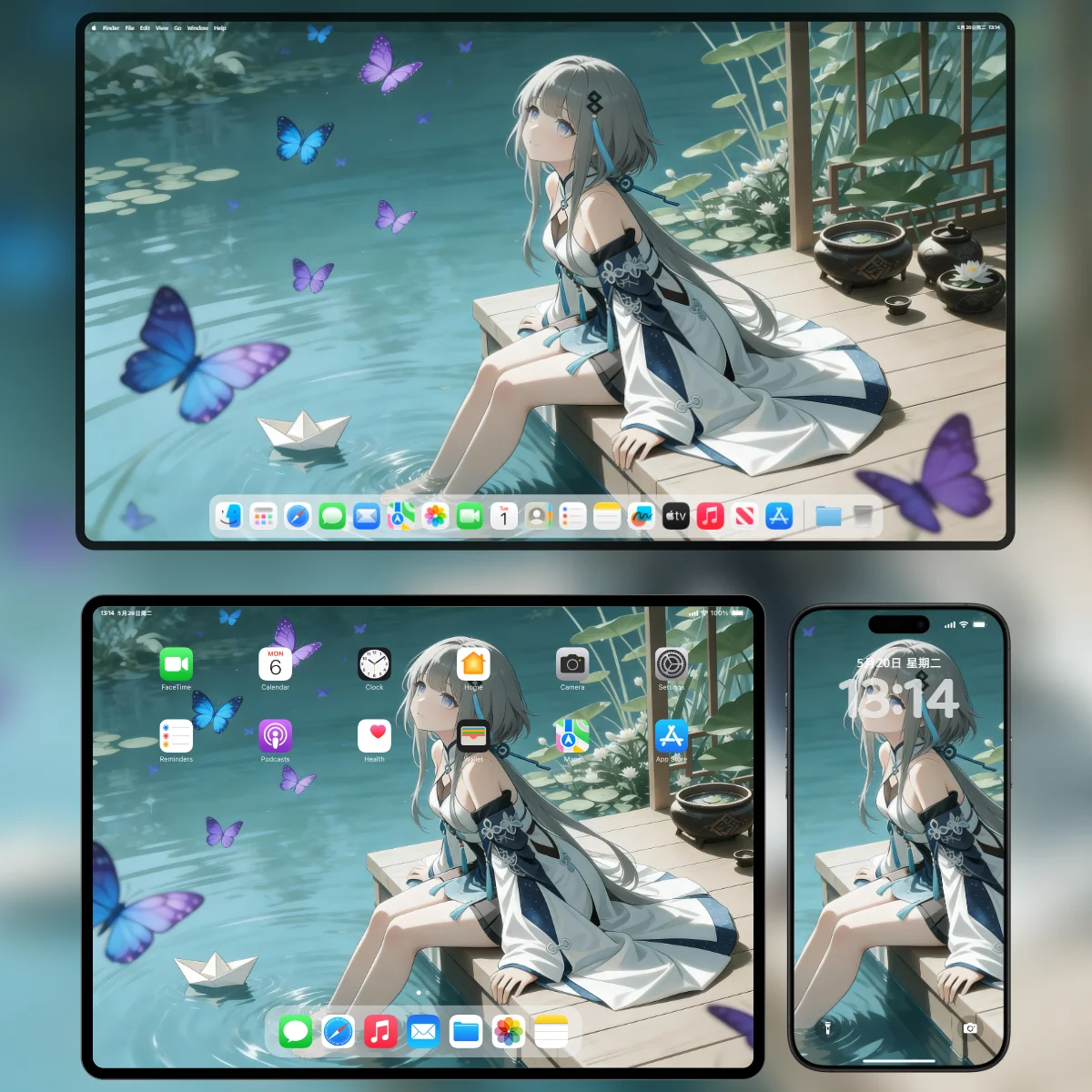 AI 绘画治愈系动漫少女 4K 电脑/平板/手机三屏样机 湖畔坐姿 蓝色蝴蝶 唯美国风