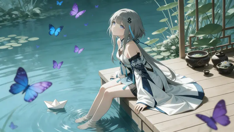 治愈系《动漫少女》4K 电脑壁纸：蓝色蝴蝶与湖畔宁静