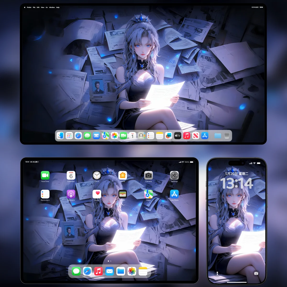 AI 绘画动漫少女 4K 电脑/平板/手机三屏样机展示图 黑裙 粉棕色发 发光文件 蓝色氛围