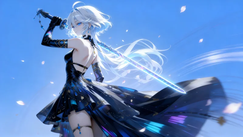 《原神》芙宁娜 4K 壁纸：蓝天下的黑礼服剑舞