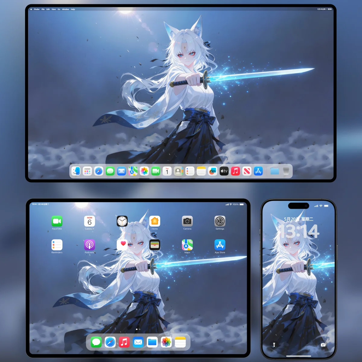 AI 绘画《崩坏：星穹铁道》飞霄 4K 电脑/平板/手机三屏样机展示图 天击将军 狐人耳朵 蓝光利刃