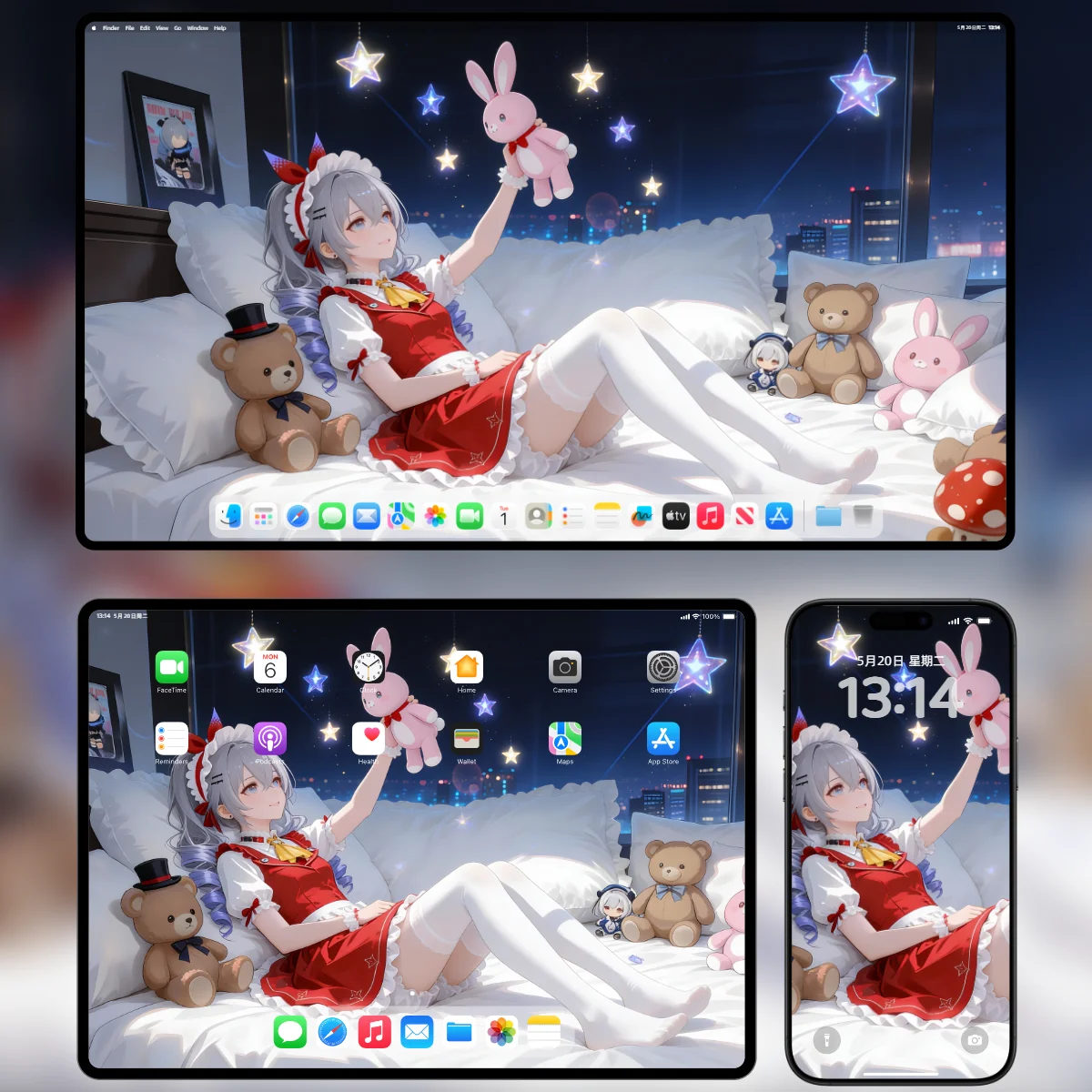 AI 绘画《崩坏：星穹铁道》银狼 4K 电脑/平板/手机三屏样机展示图 女仆装 兔子玩偶 卧室夜景