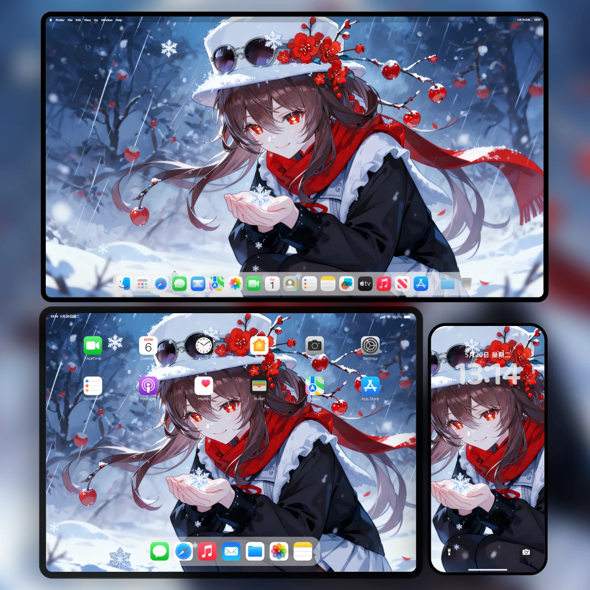 胡桃原生 PNG 动漫图片，4096x2304 分辨率，红梅雪景主题桌面壁纸高清全屏下载。