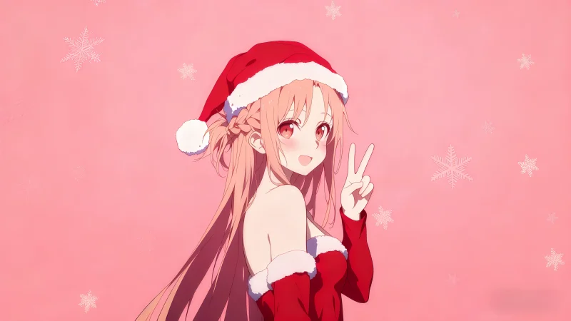 《刀剑神域》亚丝娜 4K 电脑壁纸：圣诞装、粉色背景高清原图下载【4096x2304 PNG】