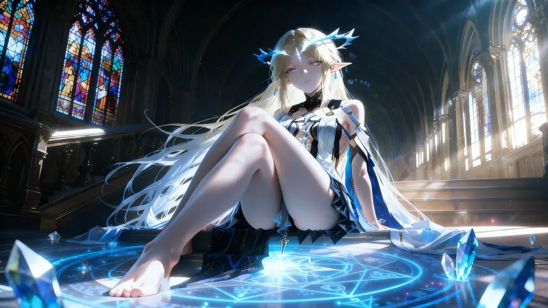 《鸣潮》卡提希娅 4K 壁纸：教堂彩窗下的魔法阵少女