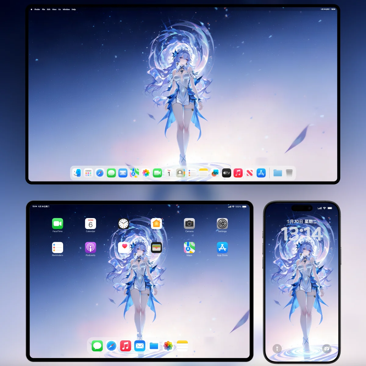 AI 绘画《鸣潮》坎特蕾拉 4K 电脑/平板/手机三屏样机展示图 蓝色光环 未来感 水元素