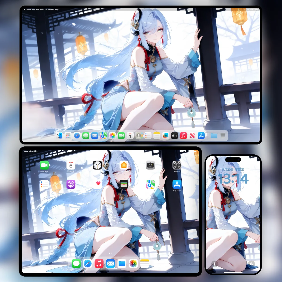 原神申鹤4K电脑平板手机三合一壁纸预览图,展示同一主题在桌面、平板和手机上的适配效果