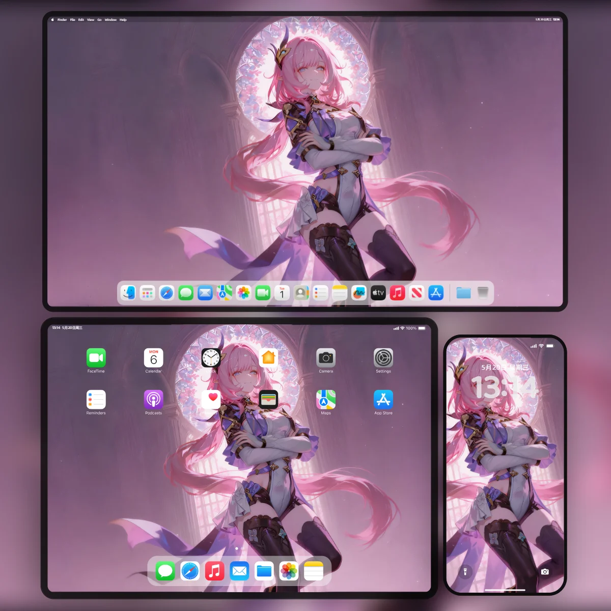 《崩坏3》爱莉希雅4K壁纸多设备预览图:包含电脑平板及手机高清适配版本