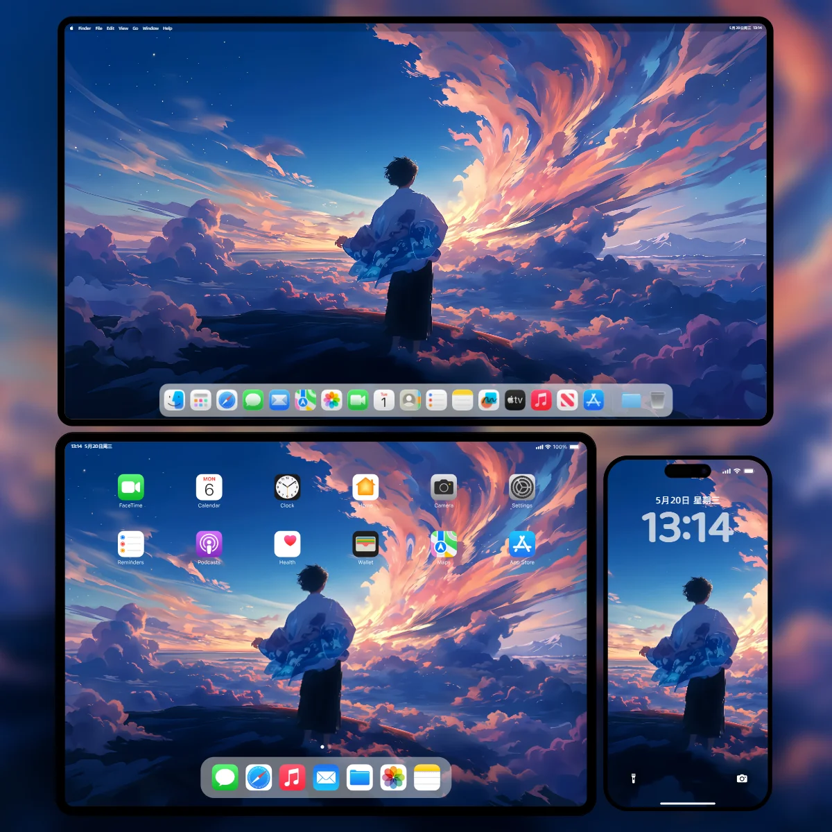 唯美动漫风格的绚烂天空云海与眺望远方的少年背影超清风景壁纸-包含电脑平板手机三端极致画质样机展示-奇漫壁纸官网