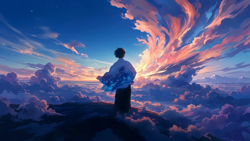 唯美动漫风景高清壁纸合集:绚丽晚霞云海与少年背影,包含 8K 极限分辨率三端