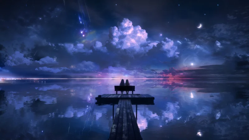 治愈系动漫风景 8K 超清壁纸:星空倒影下的静谧栈桥,全设备三合一适配版