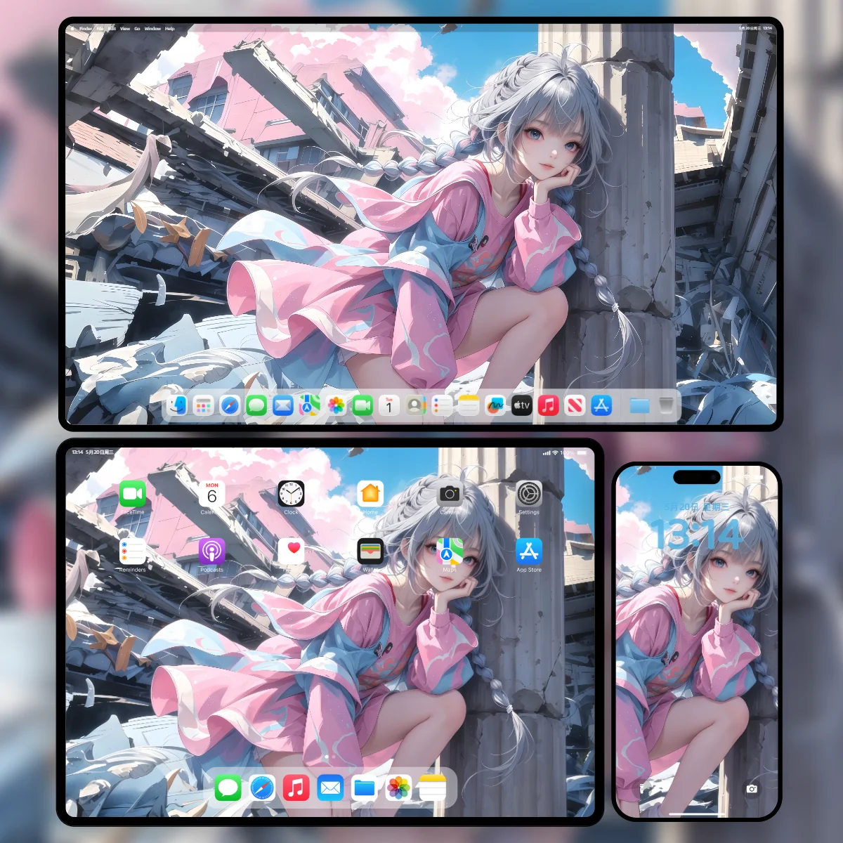 银蓝色双马尾少女身穿粉蓝外套在末日废墟建筑中倚靠石柱的唯美PNG超清壁纸-奇漫壁纸支持多终端无损样机展示