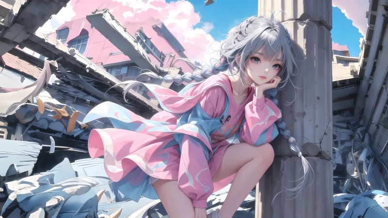 废墟中的光影绝唱:银发双马尾少女唯美同人壁纸,适配电脑手机的PNG无损原画