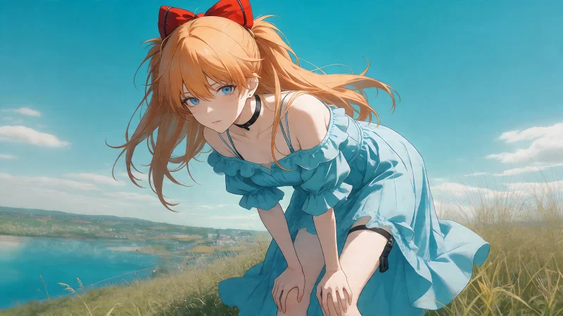 明日香 8K 电脑/4K 手机壁纸:EVA 蓝色长裙夏日清新风同人,三端无损打包下载