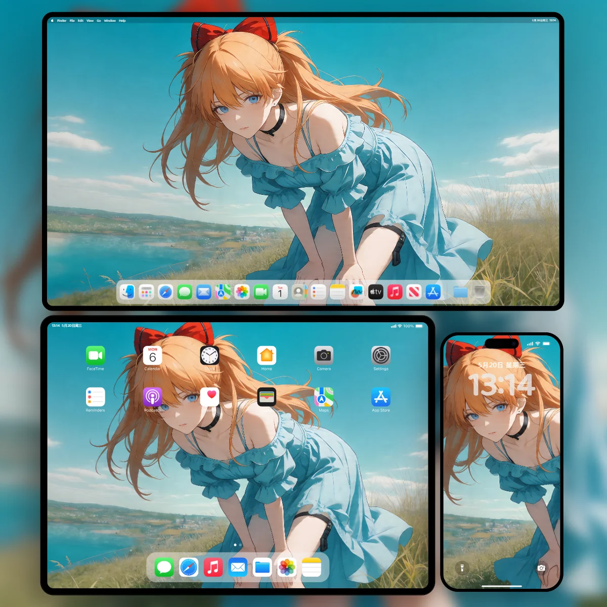 EVA明日香身穿蓝色长裙在夏日原野回眸的8K超清壁纸-蓝天白云背景-手机平板电脑三端适配样机展示-奇漫壁纸官网