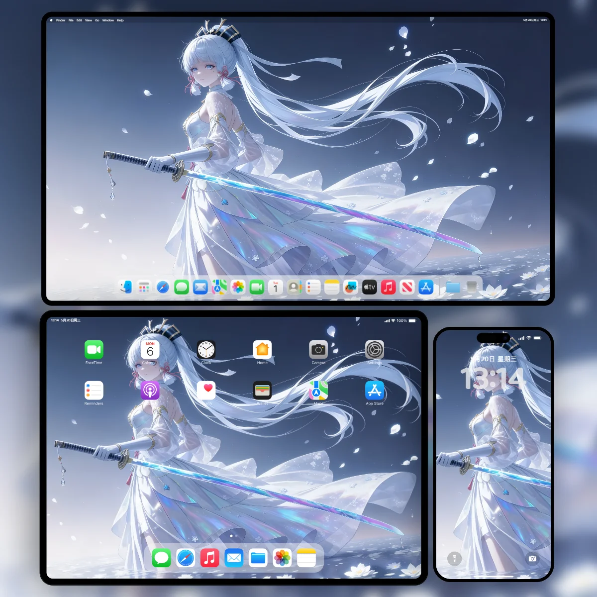 原神神里绫华白衣剑客壁纸-手持虹色太刀身处漫天落樱背景-三端适配样机-奇漫壁纸官网