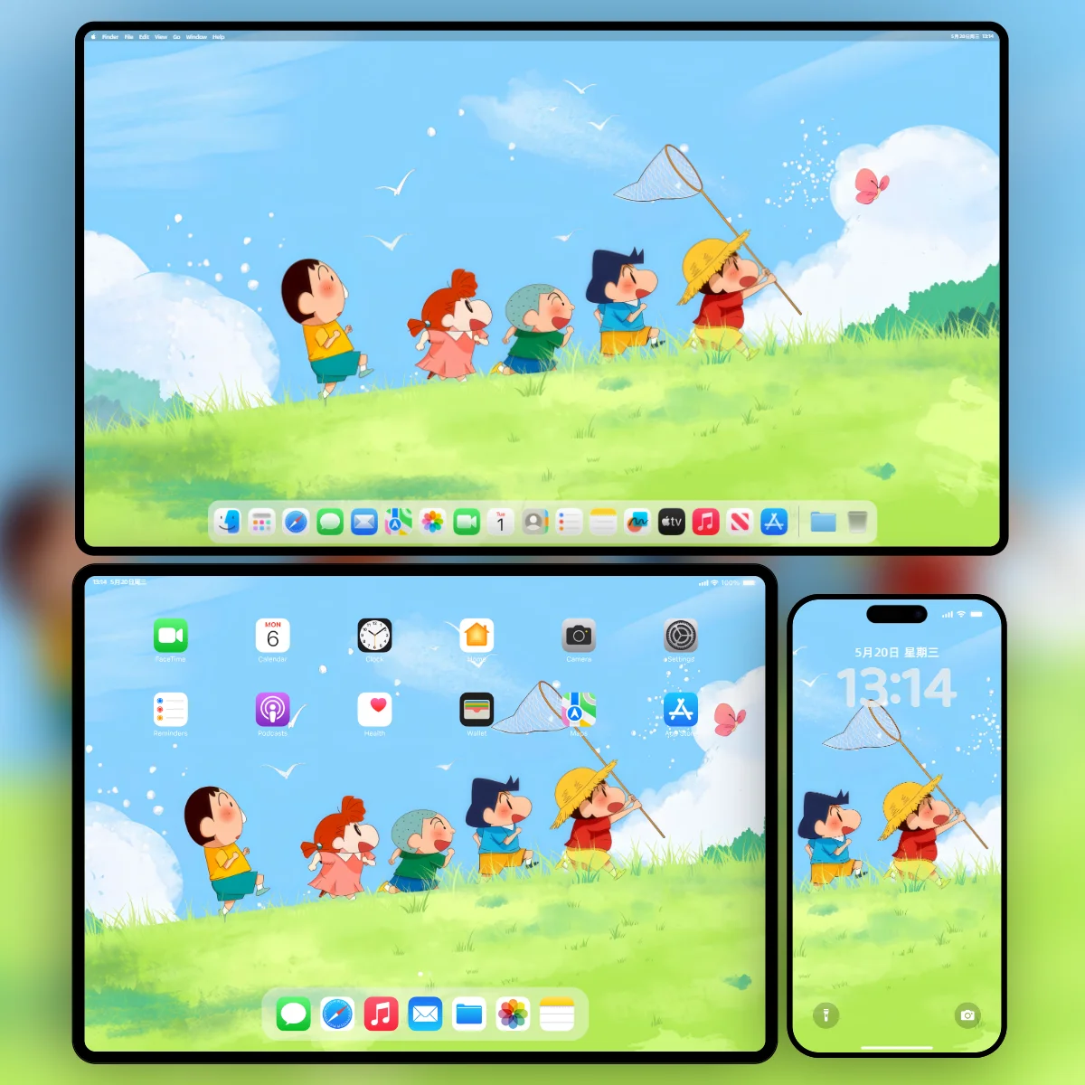 蜡笔小新4K电脑平板手机三合一壁纸预览图,展示同一主题在桌面、平板和手机上的适配效果