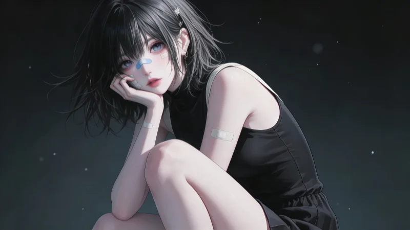 8000×4500 极限 8K 壁纸:二次元暗黑战损风短发少女,电脑平板手机三端无损适配