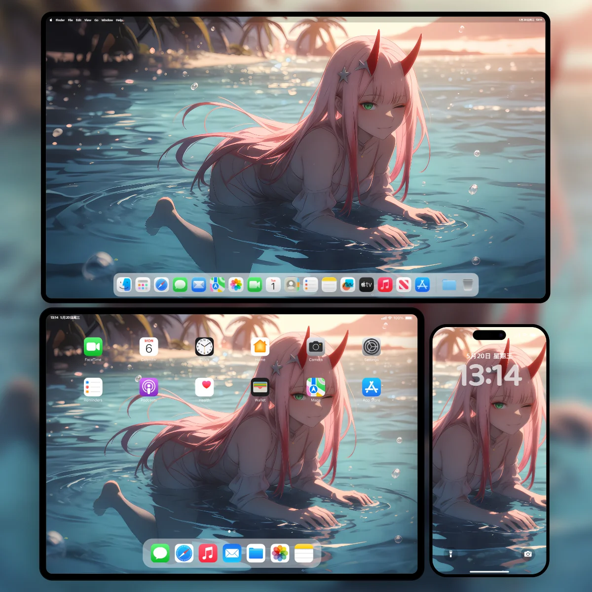 DARLING in the FRANXX零二身穿纯白服饰在波光粼粼的海水中回眸眨眼的唯美超清壁纸-包含三端极限画质样机展示-奇漫壁纸官网