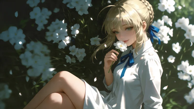 《Fate/stay night》Saber 私服:白衬衫与初夏花海,一张能让桌面瞬间安静下来的纯净原画