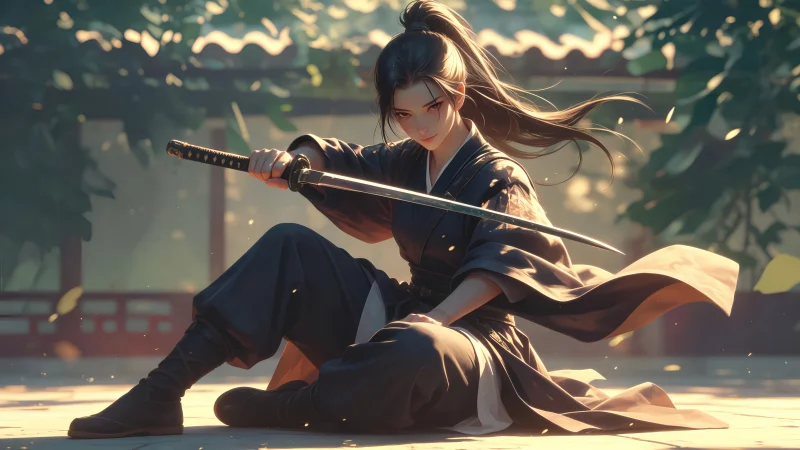 庭院落叶与拔刀瞬间:高马尾剑客少女唯美光影壁纸,PNG无损原画沉浸体验
