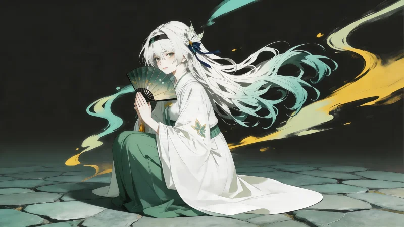 《崩坏:星穹铁道》流萤国风唯美壁纸:白绿长裙掩面折扇,清冷禅意高级感原画