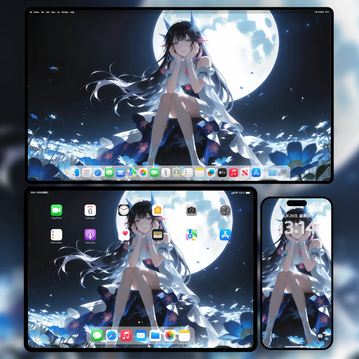 原神哥伦比娅8K超清壁纸-满月唯美蓝色花海三端适配样机-奇漫壁纸官网