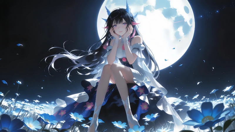 《原神》哥伦比娅 8K 超清壁纸:满月之下的唯美花海,全设备三合一适配版