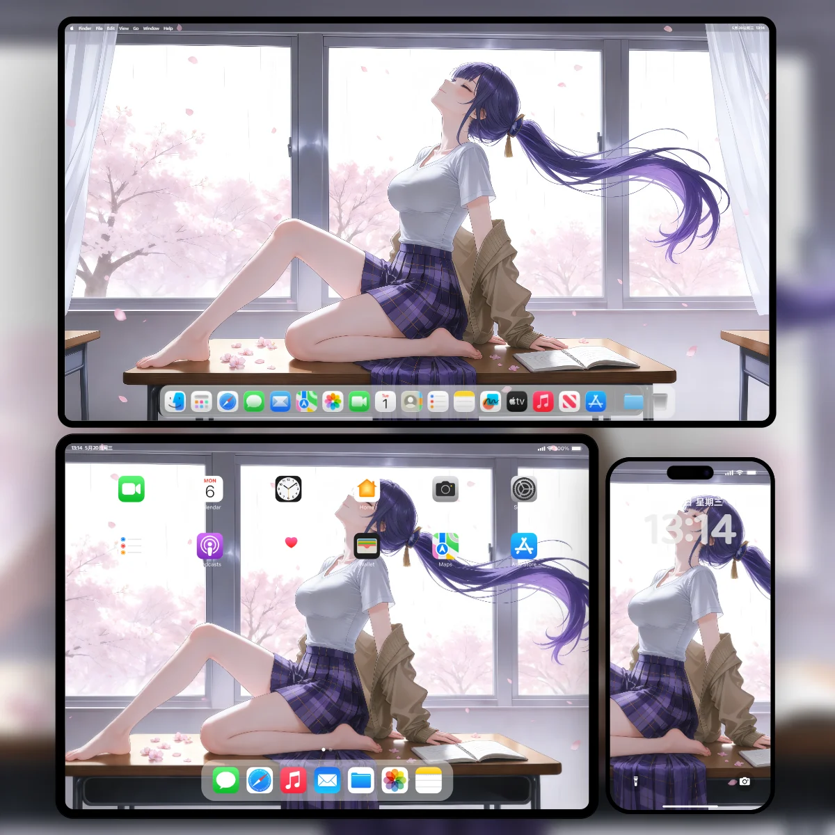 原神雷电将军现代校园风壁纸-身穿JK制服坐在窗边课桌上-三端适配样机-奇漫壁纸官网