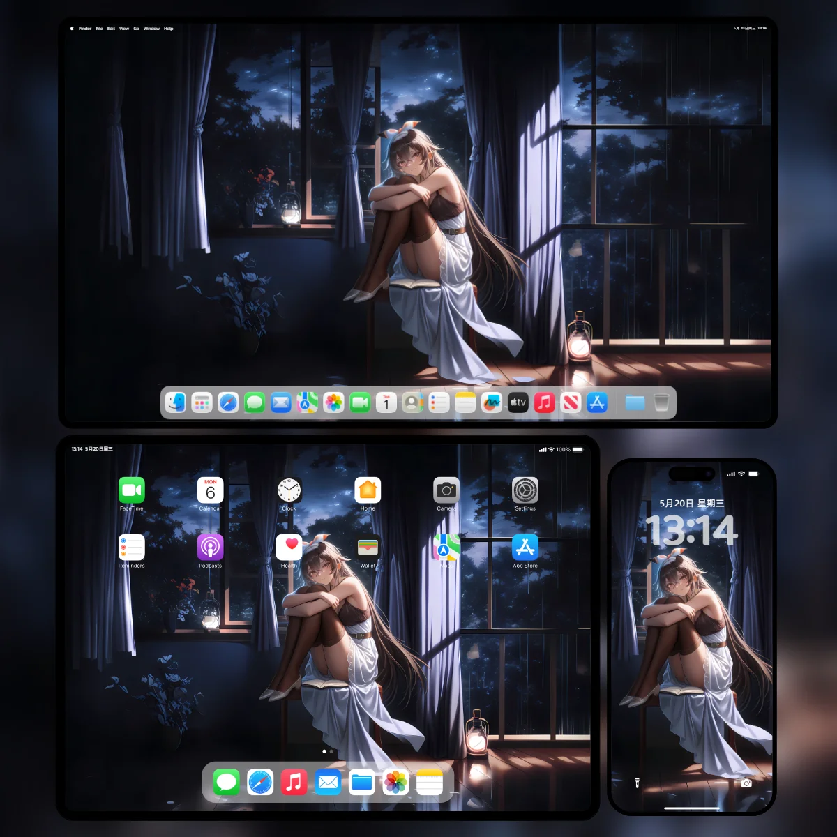 《原神》安柏穿着白色连身裙与黑丝,蜷缩在深夜的窗台椅子上读书,背景是深蓝星空与雨夜,室内亮着一盏暖色提灯。