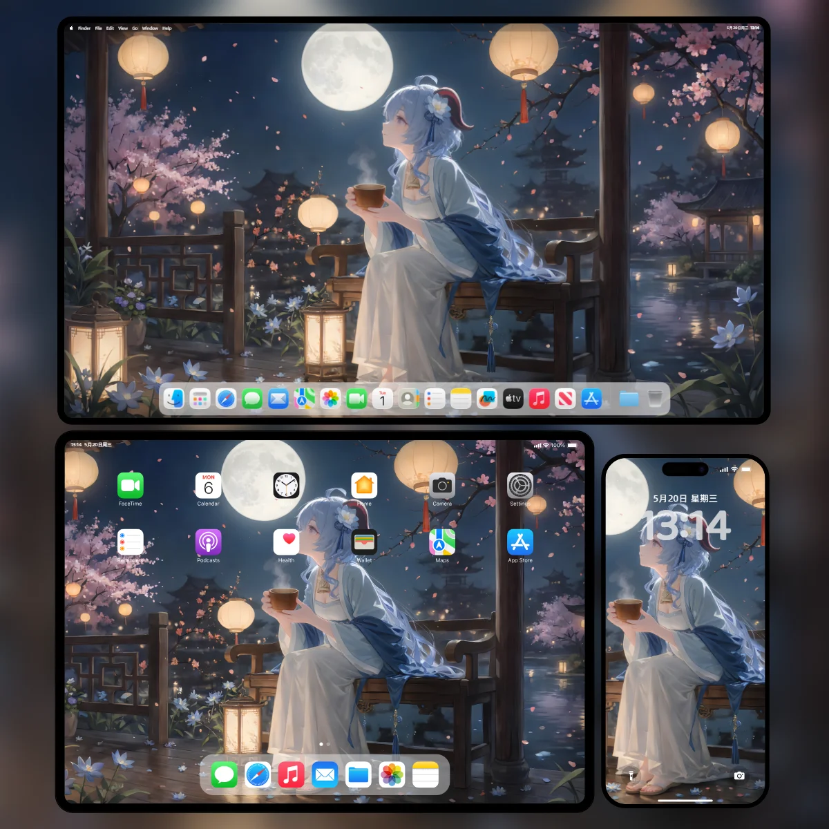 《原神》甘雨月夜水榭4K壁纸多端效果展示:包含东方古典美学夜景的电脑、平板与手机深色护眼适配版本