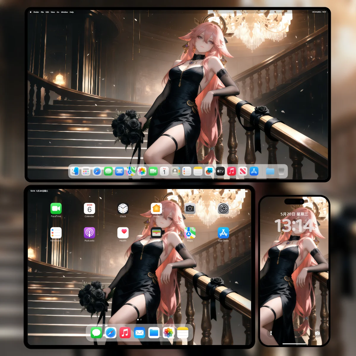 原神八重神子黑色晚礼服壁纸-手持黑玫瑰身倚豪华阶梯-三端适配样机-奇漫壁纸官网