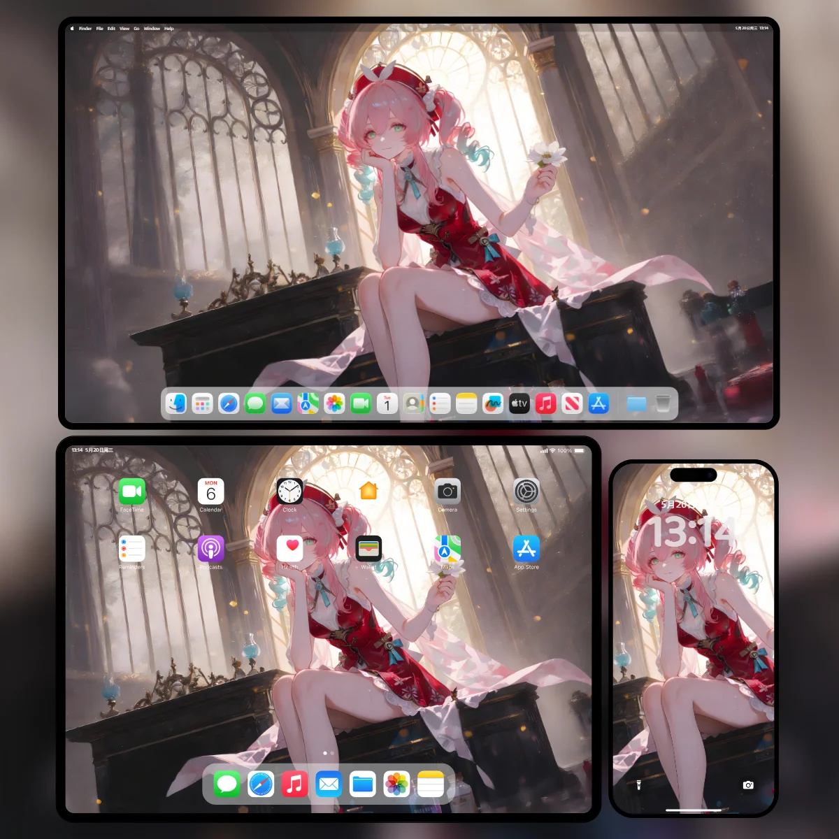 《崩坏:星穹铁道》风堇留着粉色双马尾,身穿红白相间的精致礼服,手持一朵白花托腮微笑着坐在桌面上,背景是巨大的欧式复古雕花窗棂与洒落的唯美光束。