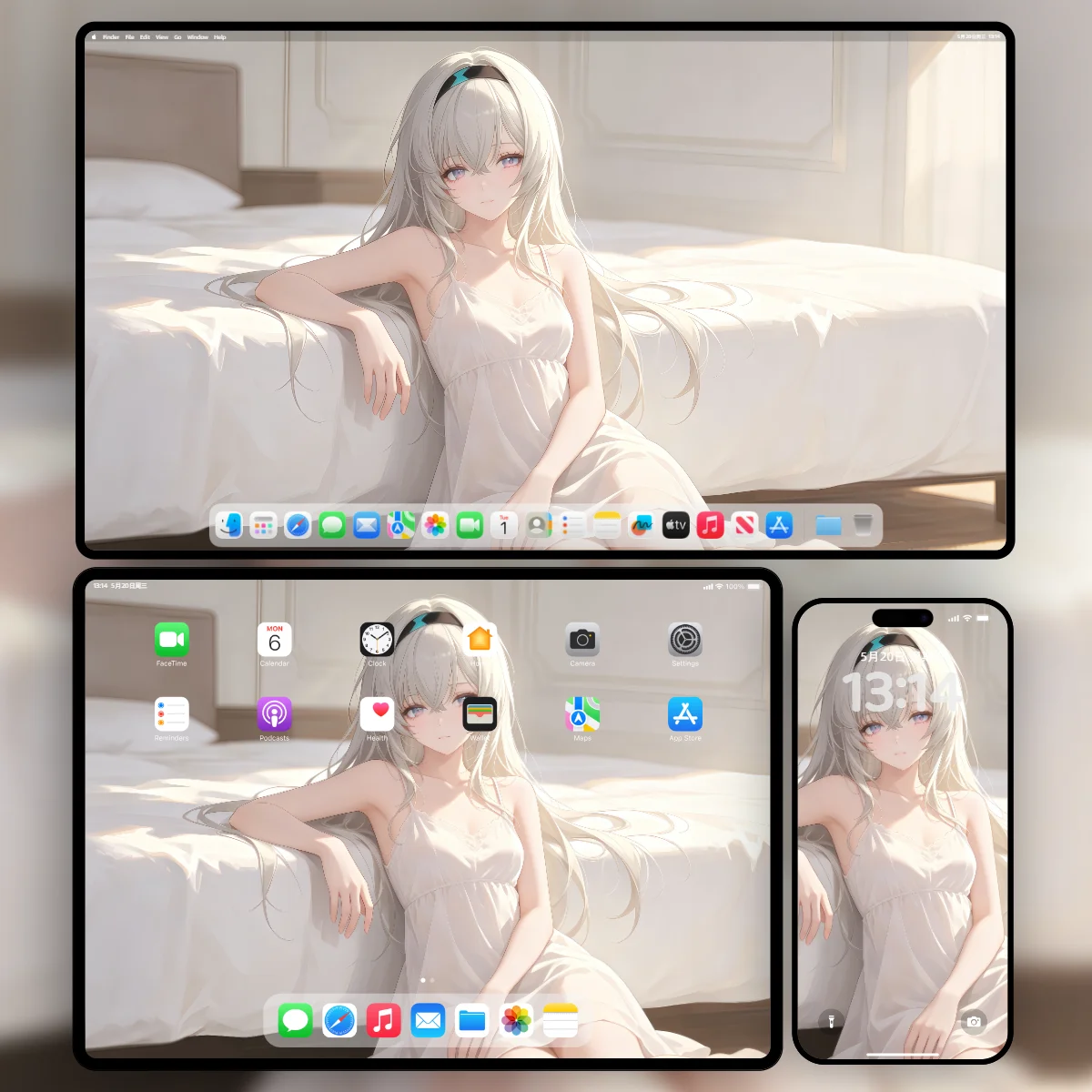 崩坏星穹铁道流萤清晨居家私服壁纸-身穿纯白睡裙靠在床边-三端适配样机-奇漫壁纸官网